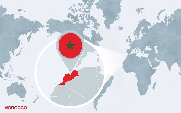 Världen Karta Centrerad Amerika Med Förstorade Marocko Blå Flagg Och — Stock vektor