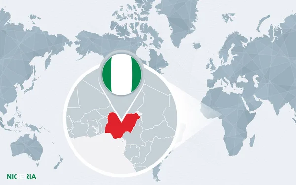 Mapa Del Mundo Centrado América Con Nigeria Magnificada Bandera Azul — Vector de stock