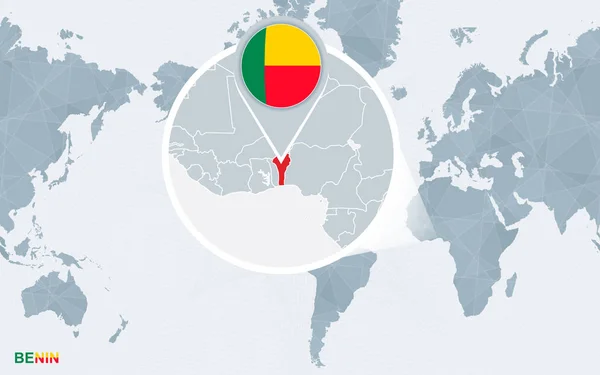 Dünya Harita Amerika Ile Büyütülmüş Benin Yoğunlaştı Mavi Bayrak Benin — Stok Vektör