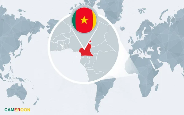 Világ Térkép Középpontjában Amerikai Nagyított Kamerun Kék Zászló Kamerun Térkép — Stock Vector