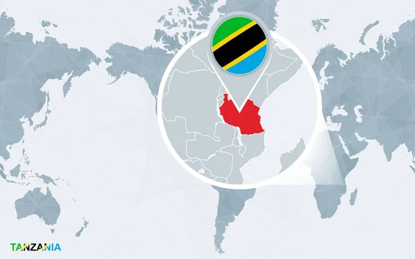Dünya Harita Büyütülmüş Tanzanya Ile Amerika Merkezli Mavi Bayrak Tanzanya — Stok Vektör