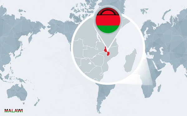 Mapa Del Mundo Centrado América Con Malawi Magnificado Bandera Azul — Vector de stock