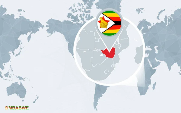 Världen Karta Centrerad Amerika Med Förstorade Zimbabwe Blå Flagg Och — Stock vektor