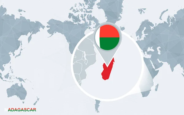Carte Monde Centrée Sur Amérique Avec Madagascar Magnifié Drapeau Bleu — Image vectorielle