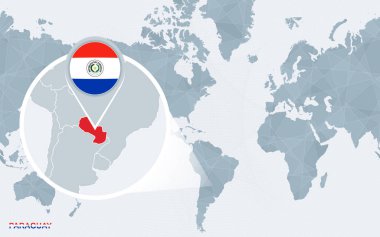 Dünya harita büyütülmüş Paraguay ile Amerika merkezli. Mavi bayrak ve Paraguay haritası. Soyut vektör çizim.