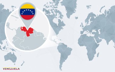 Dünya harita Amerika ile büyütülmüş Venezuela yoğunlaştı. Mavi bayrak ve Venezuela Haritası. Soyut vektör çizim.
