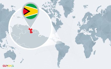 Dünya harita Amerika ile büyütülmüş Guyana yoğunlaştı. Mavi bayrak ve Guyana Haritası. Soyut vektör çizim.