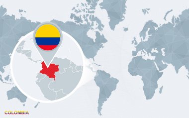 Dünya harita büyütülmüş Kolombiya ile Amerika merkezli. Mavi bayrak ve Kolombiya haritası. Soyut vektör çizim.