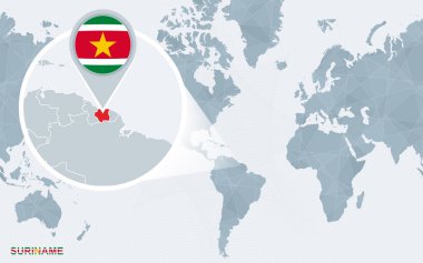 Dünya harita Amerika ile büyütülmüş Surinam yoğunlaştı. Mavi bayrak ve Surinam Haritası. Soyut vektör çizim.
