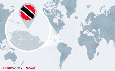 Dünya harita Amerika ile büyütülmüş Trinidad ve Tobago yoğunlaştı. Mavi bayrak ve Trinidad ve Tobago haritası. Soyut vektör çizim.