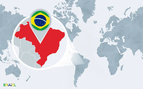Mapa Del Mundo Centrado América Con Brasil Magnificado Bandera Azul — Vector de stock