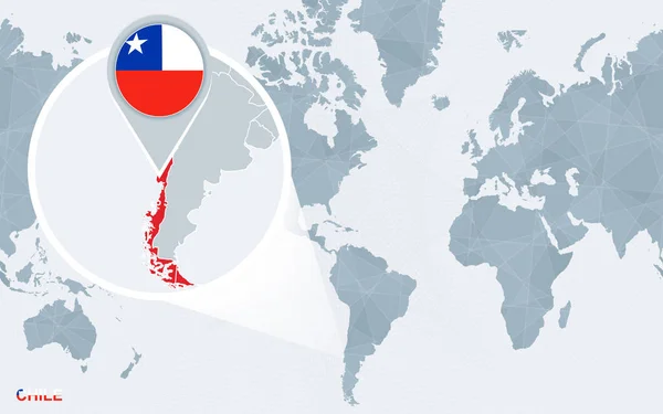 Wereld Kaart Gecentreerd Amerika Met Vergrote Chili Blauwe Vlag Kaart — Stockvector