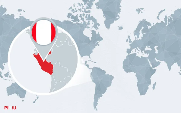 Dünya Harita Büyütülmüş Peru Ile Amerika Merkezli Mavi Bayrak Peru — Stok Vektör