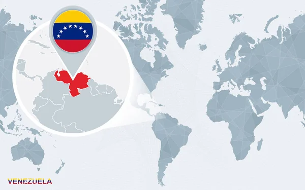 Världen Karta Centrerad Amerika Med Förstorade Venezuela Blå Flagg Och — Stock vektor