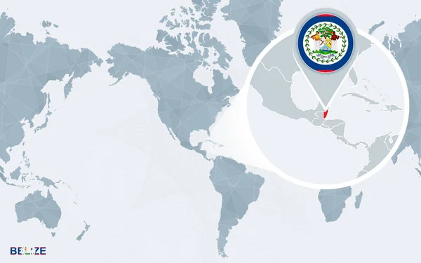 Dünya Harita Büyütülmüş Belize Ile Amerika Merkezli Mavi Bayrak Belize — Stok Vektör