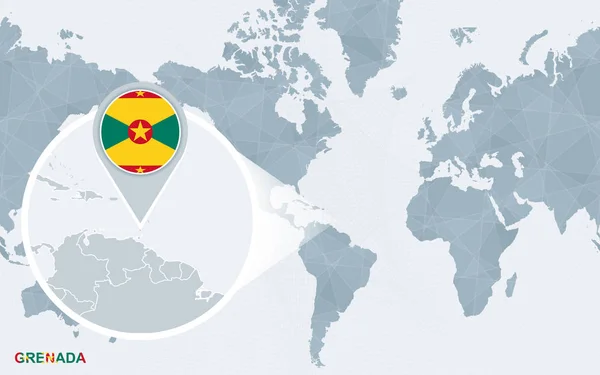 Carte Monde Centrée Sur Amérique Avec Grenade Magnifiée Drapeau Bleu — Image vectorielle