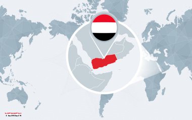 Dünya harita büyütülmüş Yemen ile Amerika merkezli. Mavi bayrak ve Yemen Haritası. Soyut vektör çizim.