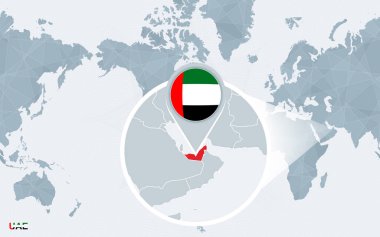 Amerika ile büyütülmüş Birleşik Arap Emirlikleri merkezli dünya harita. Mavi bayrak ve Birleşik Arap Emirlikleri Haritası. Soyut vektör çizim.