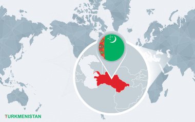 Dünya harita büyütülmüş Türkmenistan ile Amerika merkezli. Mavi bayrak ve Türkmenistan Haritası. Soyut vektör çizim.
