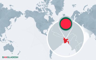 Dünya harita Amerika ile büyütülmüş Bangladeş yoğunlaştı. Mavi bayrak ve Bangladeş Haritası. Soyut vektör çizim.