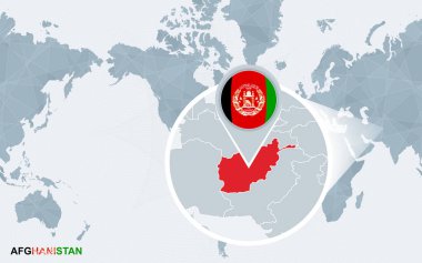 Amerika ile büyütülmüş Afganistan merkezli dünya harita. Mavi bayrak ve Afganistan Haritası. Soyut vektör çizim.