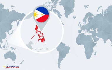 Dünya harita büyütülmüş Türkiye ile Amerika merkezli. Mavi bayrak ve Filipinler Haritası. Soyut vektör çizim.