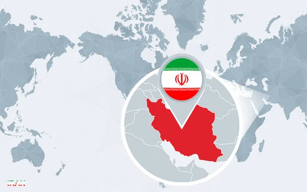 Weltkarte Zentriert Auf Amerika Mit Vergrößertem Iran Blaue Flagge Und — Stockvektor