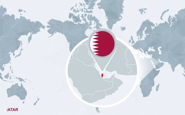 Mappa Del Mondo Centrata Sul Qatar Con Cile Ingrandito Bandiera — Vettoriale Stock