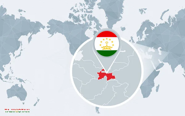 Mapa Del Mundo Centrado América Con Tayikistán Magnificado Bandera Azul — Archivo Imágenes Vectoriales