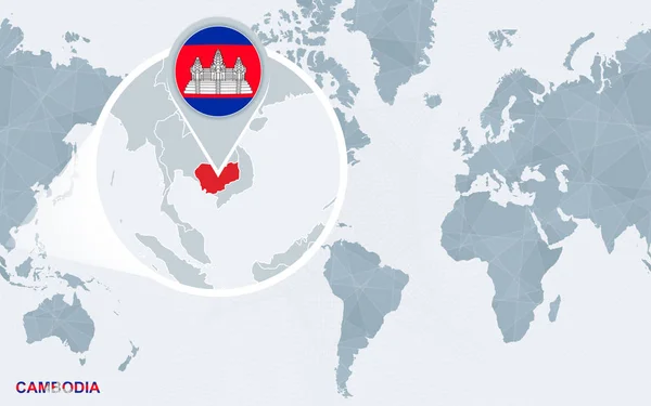 Mapa Del Mundo Centrado América Con Camboya Magnificada Bandera Azul — Vector de stock