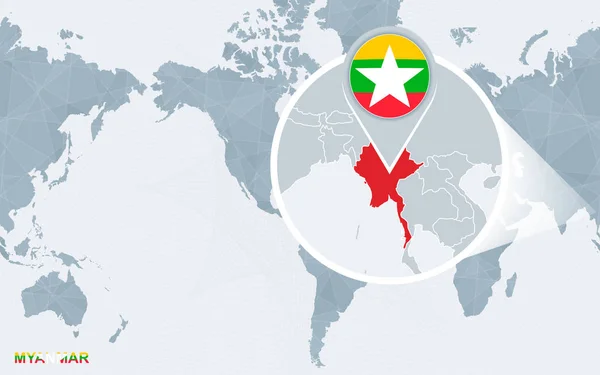 Carte Monde Centrée Sur Amérique Avec Myanmar Magnifié Drapeau Bleu — Image vectorielle