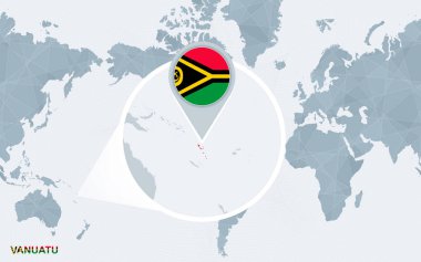 Dünya harita Amerika ile büyütülmüş Vanuatu yoğunlaştı. Mavi bayrak ve Vanuatu Haritası. Soyut vektör çizim.