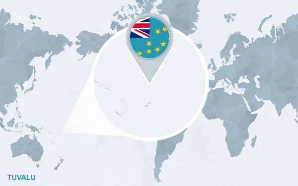 Mapa Del Mundo Centrado América Con Tuvalu Magnificado Bandera Azul — Archivo Imágenes Vectoriales