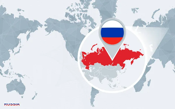 Mappa Del Mondo Centrata Sull America Con Russia Ingrandita Bandiera — Vettoriale Stock