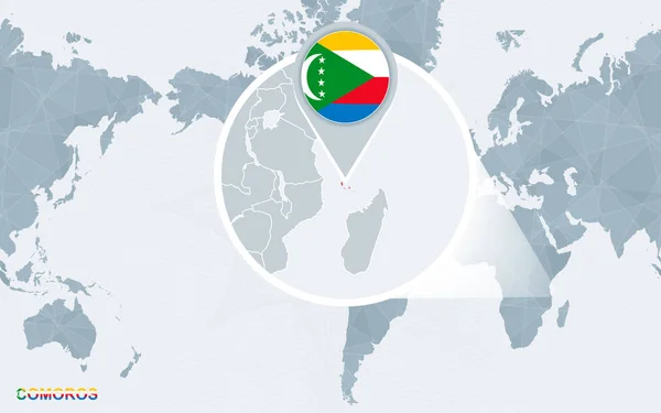 Carte Monde Centrée Sur Amérique Avec Les Comores Magnifiés Drapeau — Image vectorielle