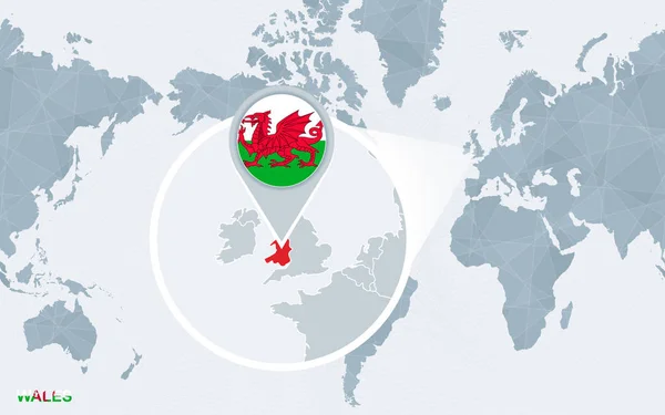 Mappa Del Mondo Centrata Sull America Con Galles Ingrandito Bandiera — Vettoriale Stock