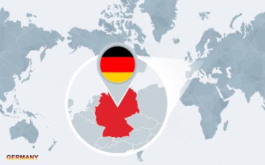 Amerika ile büyütülmüş Almanya merkezli dünya harita. Mavi bayrak ve Almanya Haritası. Soyut vektör çizim.