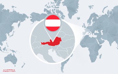 Amerika ile büyütülmüş Avusturya merkezli dünya harita. Mavi bayrak ve Avusturya Haritası. Soyut vektör çizim.
