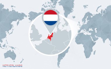 Amerika ile büyütülmüş Hollanda merkezli dünya harita. Mavi bayrak ve Hollanda Haritası. Soyut vektör çizim.