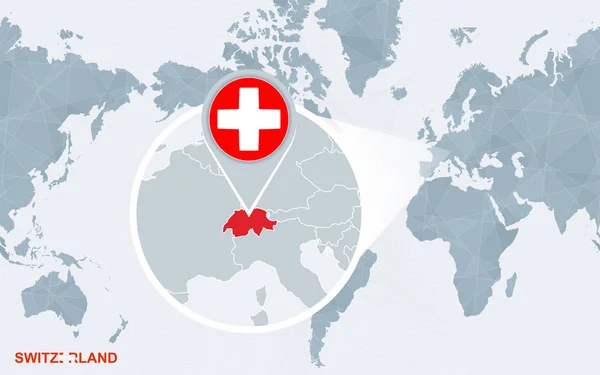 Világ Térkép Középpontjában Amerikai Nagyított Svájccal Kék Zászló Svájc Térképe — Stock Vector