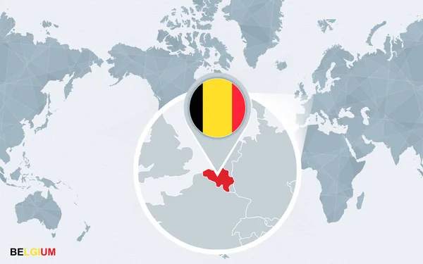 Mapa Del Mundo Centrado América Con Bélgica Magnificada Bandera Azul — Vector de stock