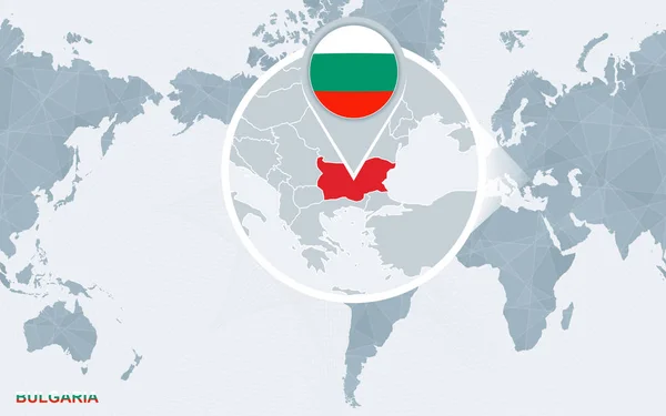 Carte Monde Centrée Sur Amérique Avec Bulgarie Agrandie Pavillon Bleu — Image vectorielle