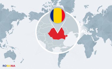 Amerika ile büyütülmüş Romanya merkezli dünya harita. Mavi bayrak ve Romanya haritası. Soyut vektör çizim.