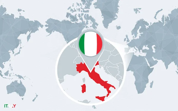 Wereld Kaart Gecentreerd Amerika Met Vergrote Italië Blauwe Vlag Kaart — Stockvector