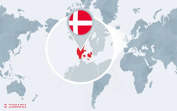 Mappa Del Mondo Centrata Sull America Con Danimarca Ingrandita Bandiera — Vettoriale Stock
