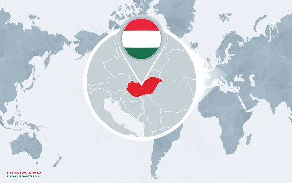 Carte Monde Centrée Sur Amérique Avec Hongrie Agrandie Drapeau Bleu — Image vectorielle