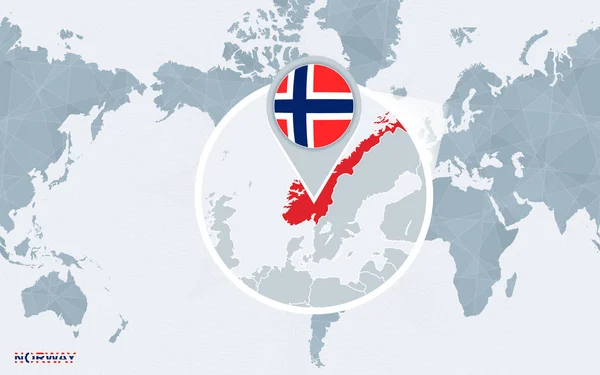 Weltkarte Zentriert Auf Amerika Mit Vergrößertem Norwegen Blaue Flagge Und — Stockvektor