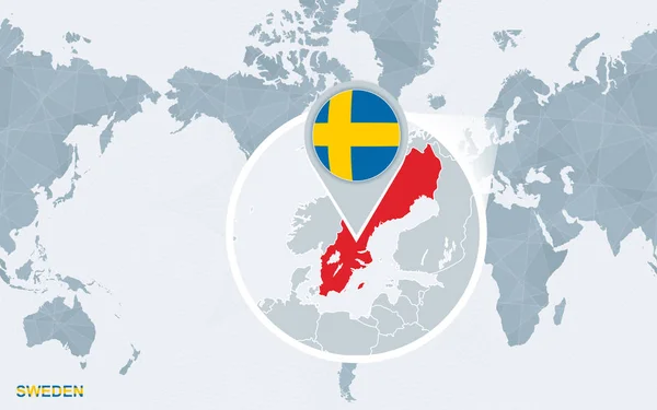 Mappa Del Mondo Centrata Sull America Con Svezia Ingrandita Bandiera — Vettoriale Stock