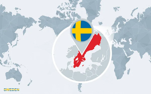 Amerika Ile Büyütülmüş Sveç Merkezli Dünya Harita Mavi Bayrak Sveç — Stok Vektör