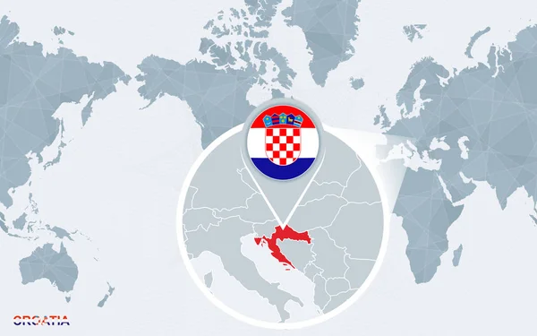 Mappa Del Mondo Centrata Sull America Con Croazia Ingrandita Bandiera — Vettoriale Stock